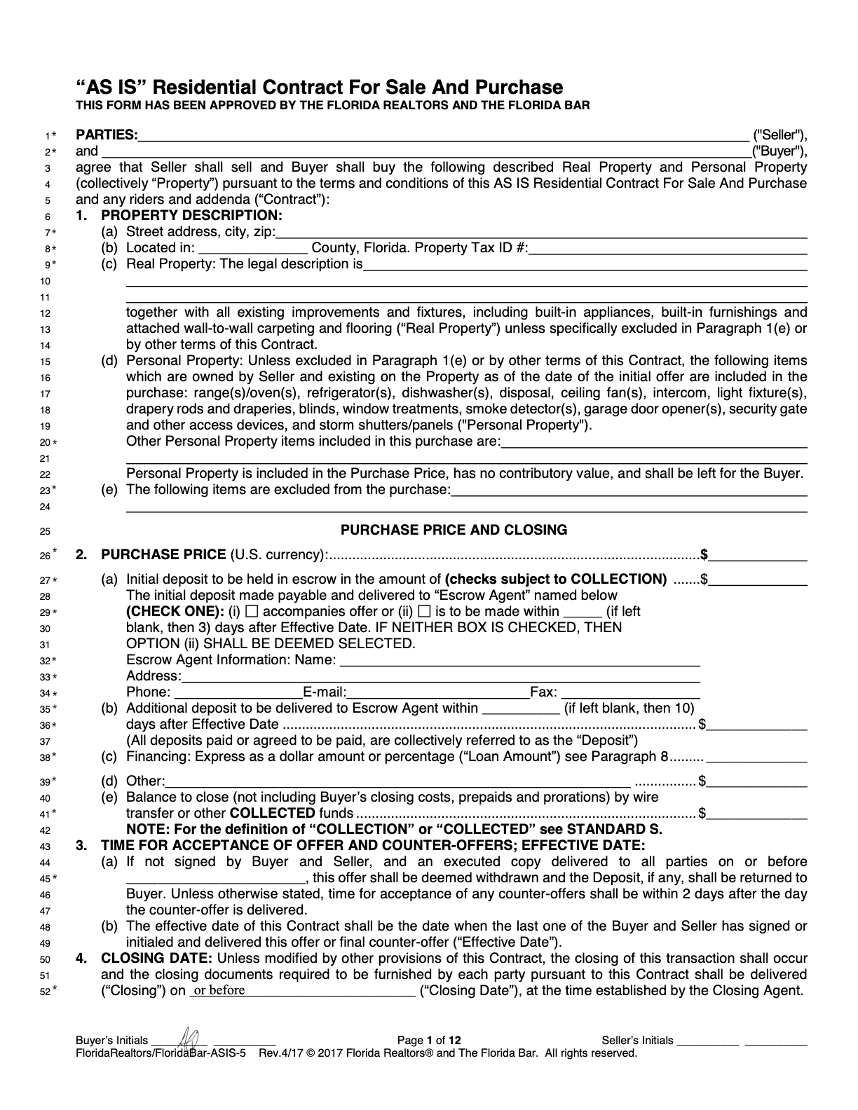 FAR/BAR AS IS Residential Contract For Sale And Purchase, page 1